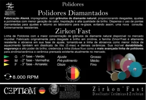 Linha de Polidores com a maior concentração de grânulos de diamante natural disponível no mercado mundial. Fabricado originalmente para desgaste e brilho em zircônia, a família Zirkon’Fast é altamente resistente e abrasiva em sua fase de ajuste, tornando-se a linha de abrasivos como menor índice de aquecimento também em dissilicato de lítio (E-max) e demais cerâmicas. Sua incrível durabilidade, segurança e alto poder de brilho, credencia a linha Zirkon’Fast como a mais avançada linha de polidores para zircônia/cerâmica e cerâmica prensada existente atualmente no mercado.